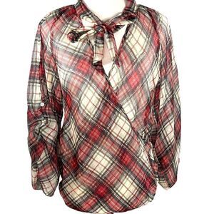 𝅺Tristan Sheer Red Black Green Gold and Grey Plaid Wrap FrontTie Blouse Size XS